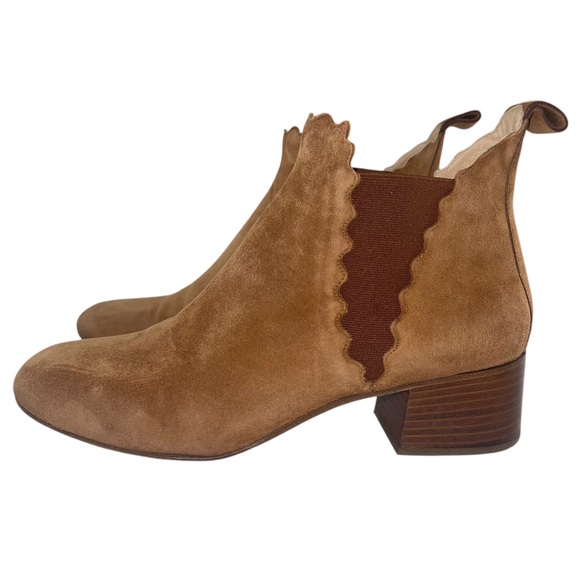 Chloe Women's Lauren Scalloped Suede Block Heel Ankle Boots Tan Sz 39.5 - Picture 1 of 11